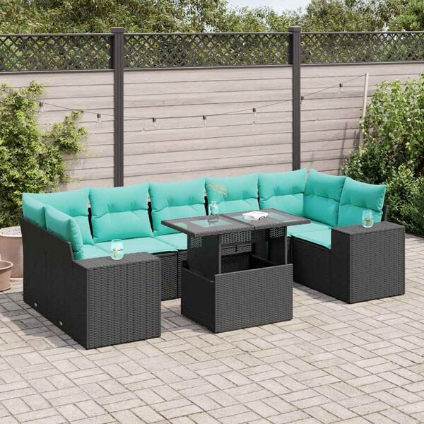 vidaXL Set Divani da Giardino con Cuscini 8 pz Nero Polyrattan Acacia