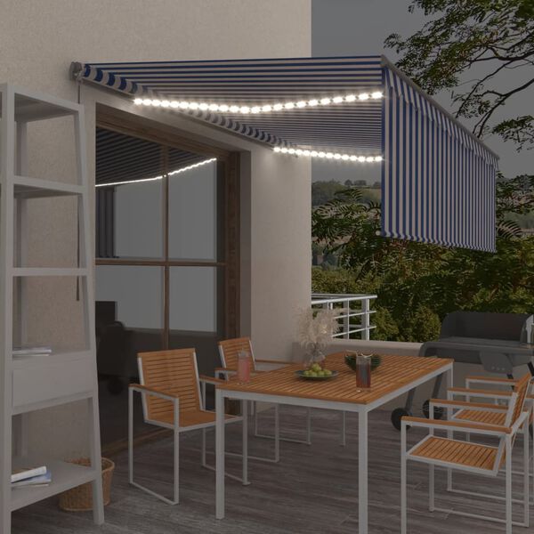 vidaXL Tenda Sole Retrattile Manuale con LED 4x3m Blu e Bianco