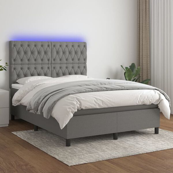 vidaXL Letto a Molle Materasso e LED Grigio Scuro 140x200cm in Tessuto