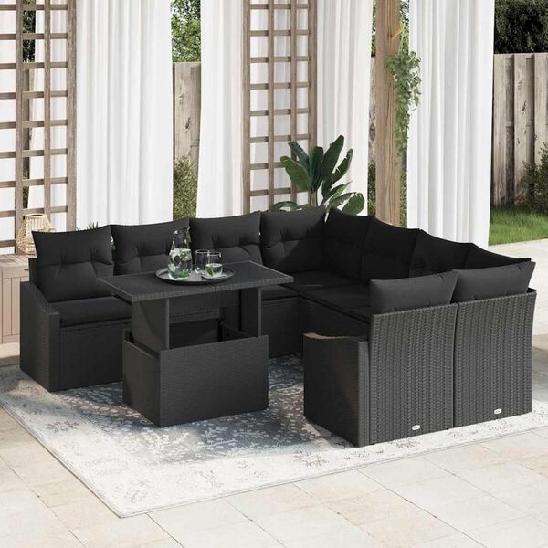 vidaXL Set Divano da Giardino con cuscino 9 pcs Nero polyrattan