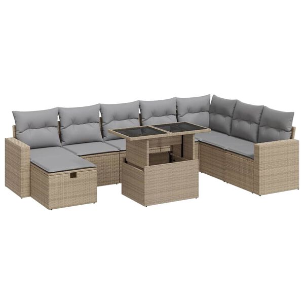 vidaXL Set Divano da Giardino 9 pz con Cuscini Beige in Polyrattan