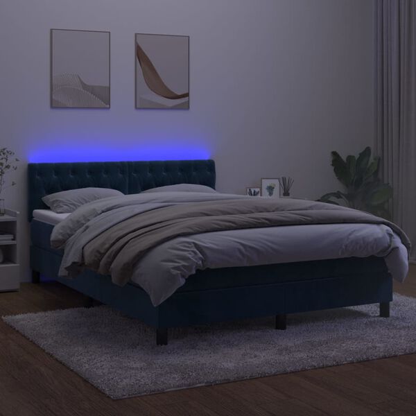 vidaXL Letto a Molle con Materasso e LED Blu Scuro 140x190 cm