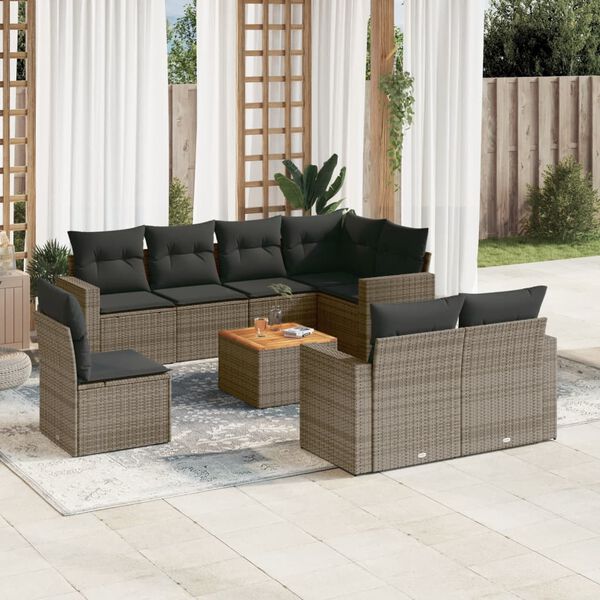 vidaXL Set Divano da Giardino 9 pz con Cuscini Grigio in Polyrattan