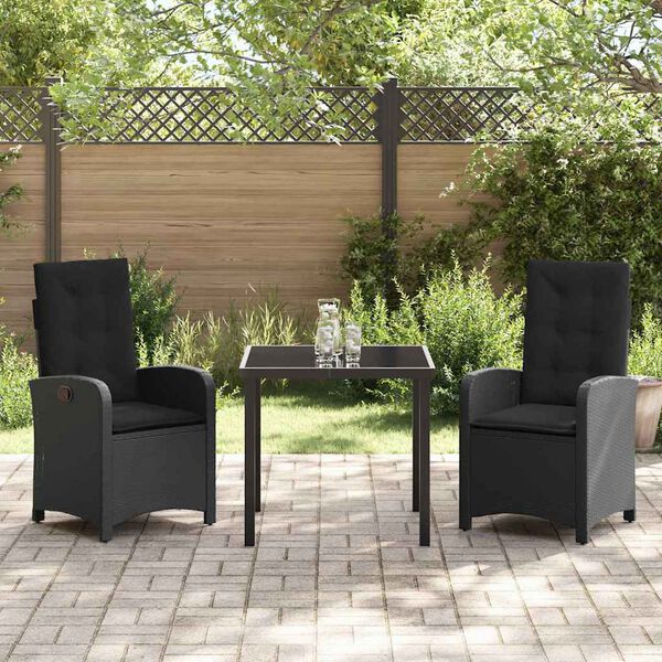 vidaXL Set da Pranzo per Giardino con cuscino 3 pcs Nero polyrattan