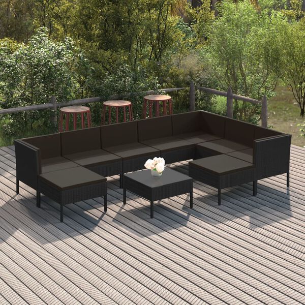 vidaXL Set Divani da Giardino 10 pz con Cuscini in Polyrattan Nero
