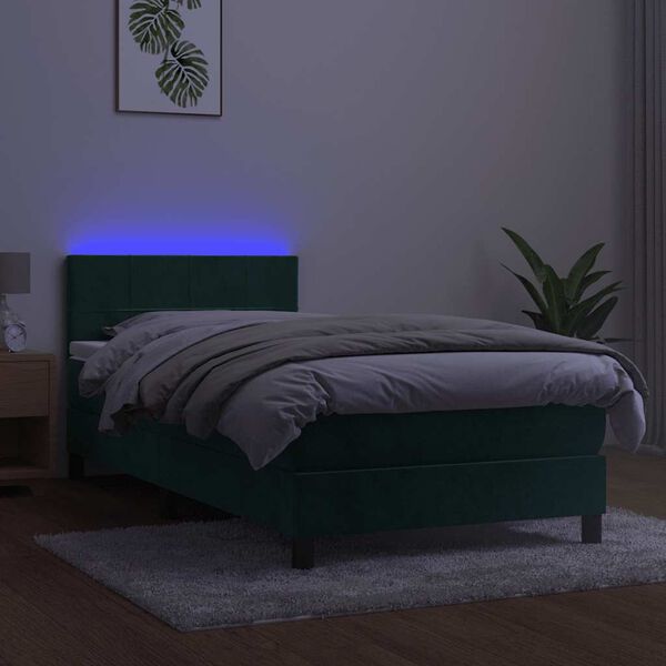 vidaXL Letto a Molle con Materasso e LED Verde Scuro 90x190 cm Velluto