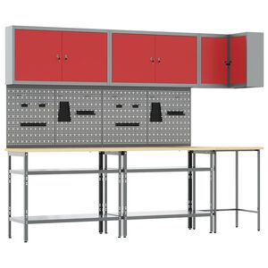 vidaXL Set di mobili da lavoro con lo scaffale 10 pz Rosso e Grigio
