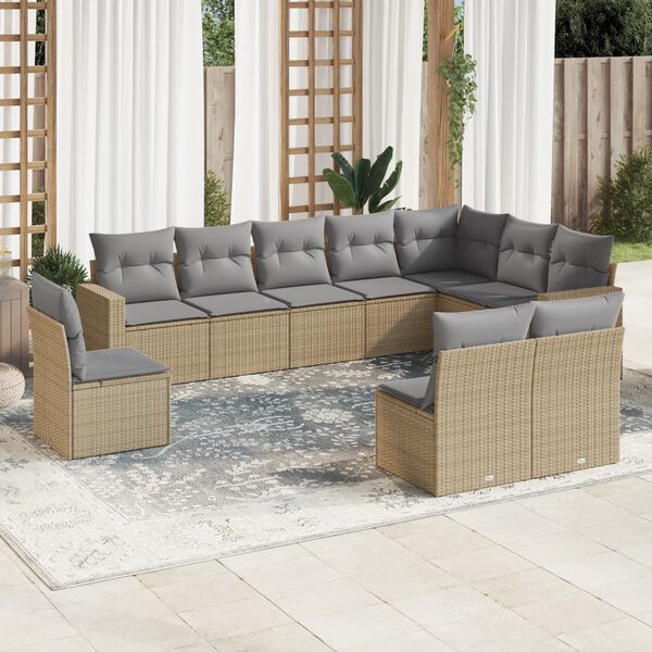vidaXL Set Divano da Giardino 10 pz con Cuscini Beige in Polyrattan