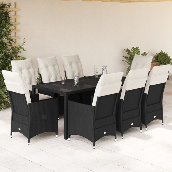 vidaXL Set da Pranzo da Giardino 9 pz con Cuscini Nero in Polyrattan