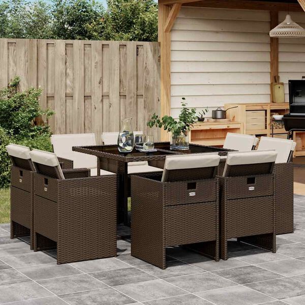vidaXL Set da Pranzo da Giardino 9pz con Cuscini Marrone in Polyrattan
