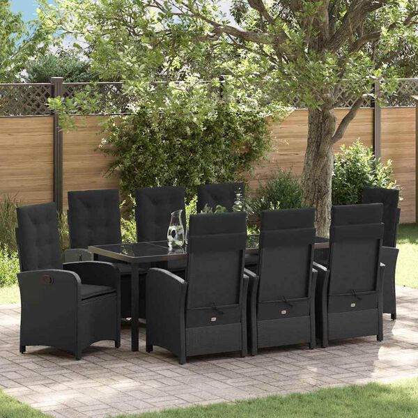 vidaXL Set da Pranzo per Giardino con cuscino 9 pcs Nero polyrattan