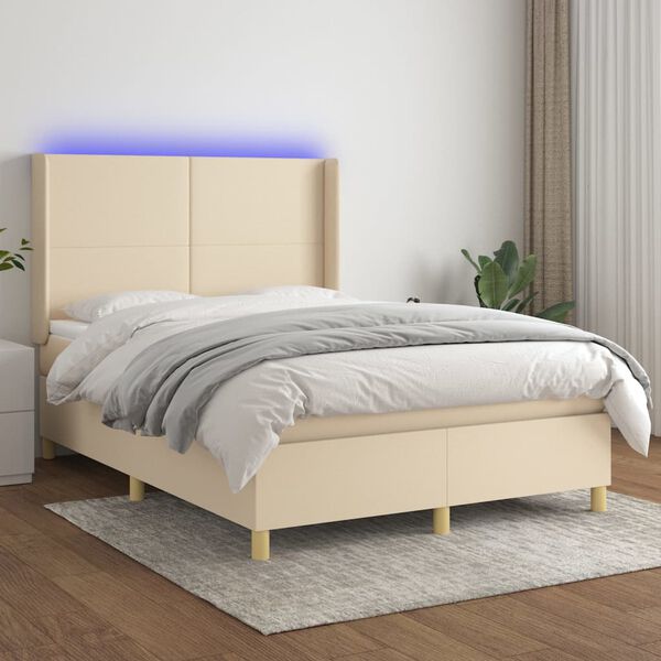 vidaXL Letto a Molle con Materasso e LED Crema 140x200 cm in Tessuto
