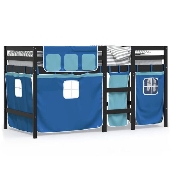 vidaXL Letto a Soppalco Bambini con Tende Blu 90x190 cm Massello Pino