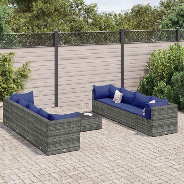 vidaXL Set Divani da Giardino 9 pz con Cuscini in Polyrattan Grigio