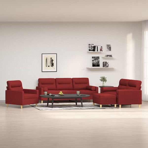 vidaXL Set di Divani 4 pz con Cuscini Decorativi Rosso vino Tessuto