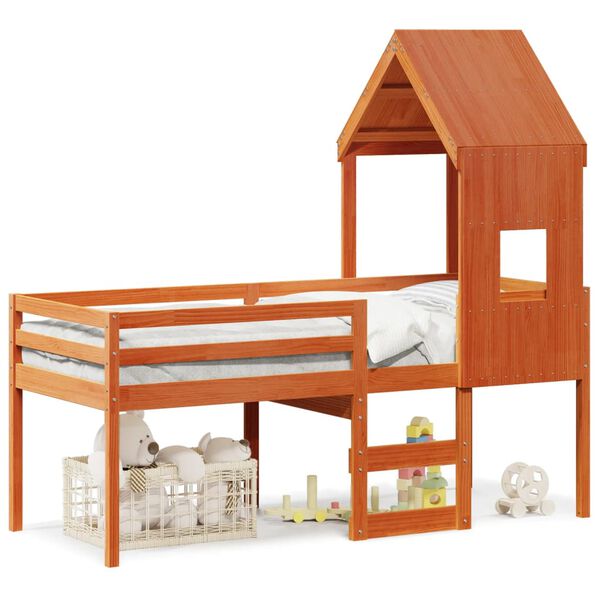 vidaXL Letto a Soppalco con Tetto Marrone Cera 90x200 cm Legno di Pino