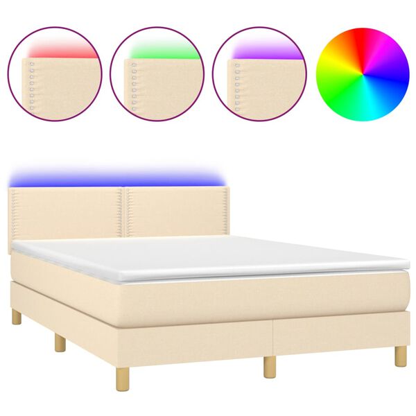 vidaXL Letto a Molle con Materasso e LED Crema 140x200 cm in Tessuto
