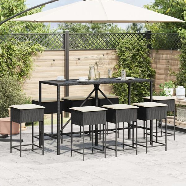 vidaXL Set Bar da Giardino 9 pz con Cuscini in Polyrattan Nero