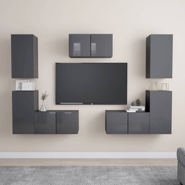 vidaXL Set Mobili TV 7 pz Grigio Lucido in Legno Multistrato