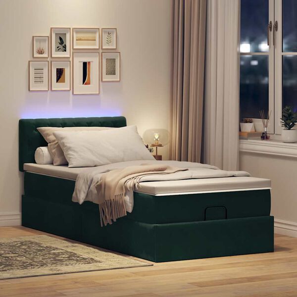vidaXL Pouf Letto con Materasso e LED Verde Scuro 90x200cm in Velluto
