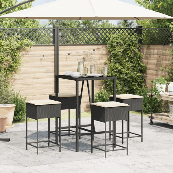 vidaXL Set Bar da Giardino 5 pz con Cuscini in Polyrattan Nero