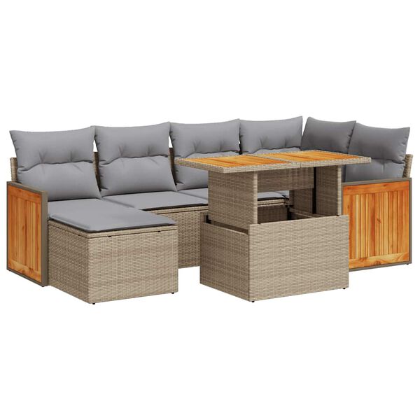 vidaXL Set Divani da Giardino 7 pz con Cuscini Beige Polyrattan Acacia
