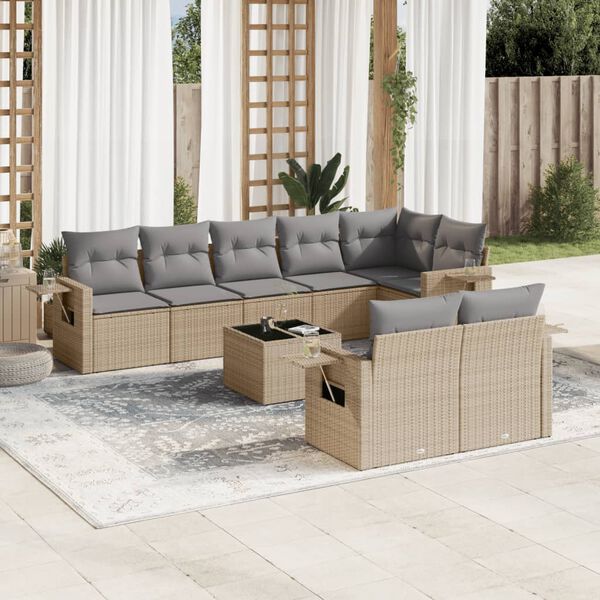vidaXL Set Divano da Giardino 9 pz con Cuscini Beige in Polyrattan