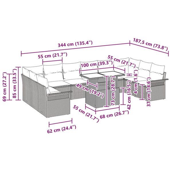 vidaXL Set Divano da Giardino 11 pcs Beige Rattan in Polipropilene