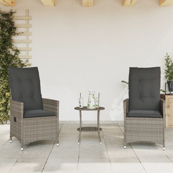 vidaXL Set da Bistrò 3 pz con Cuscini Grigio in Polyrattan