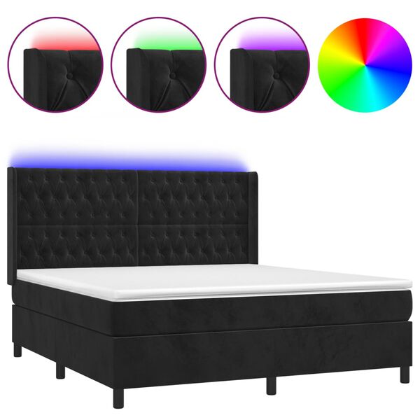 vidaXL Letto a Molle con Materasso e LED Nero 160x200 cm in Velluto