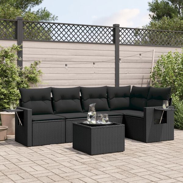 vidaXL Set Divano da Giardino 6 pz con Cuscini Nero in Polyrattan