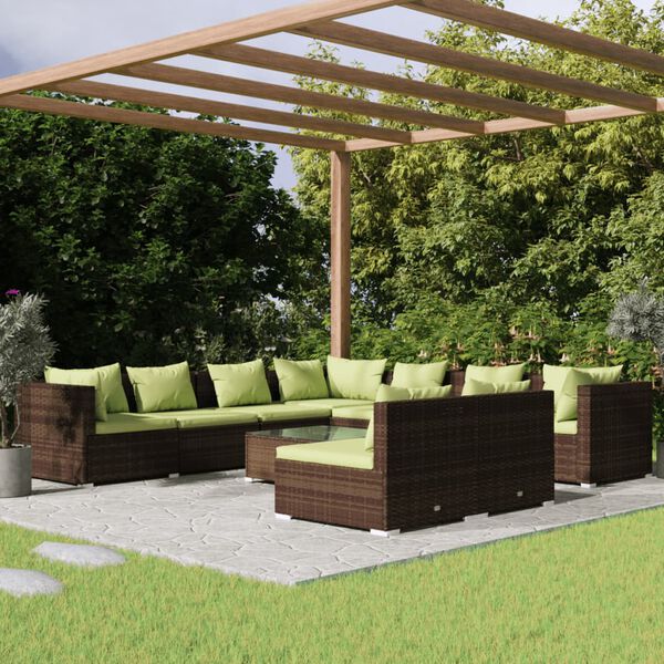 vidaXL Set Divani da Giardino 10 pz con Cuscini in Polyrattan Marrone