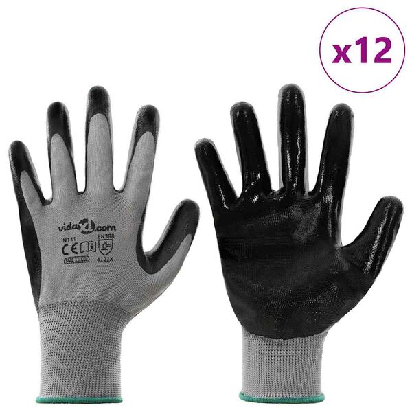 vidaXL Guanti da Lavoro 12 pcs Grigio e Nero 11 / XXL Poliestere