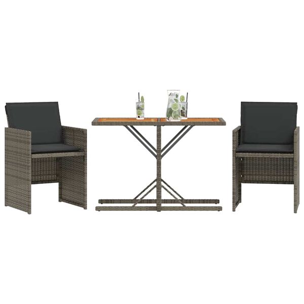 vidaXL Set da Bistr&ograve; 3 pz con Cuscini Grigio in Polyrattan