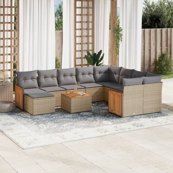 vidaXL Set Divani da Giardino 11 pz con Cuscini Beige in Polyrattan