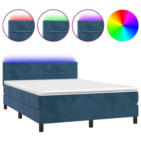 vidaXL Letto a Molle con Materasso e LED Blu Scuro 140x200 cm