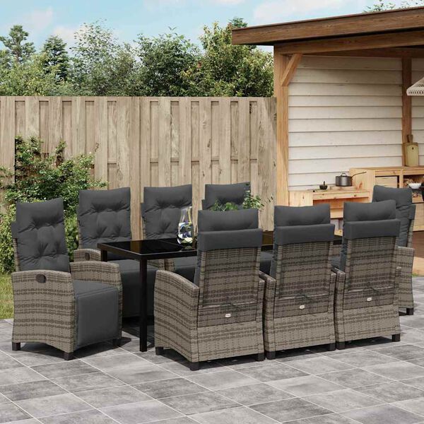 vidaXL Set da Pranzo per Giardino con cuscino 9 pcs Grigio polyrattan