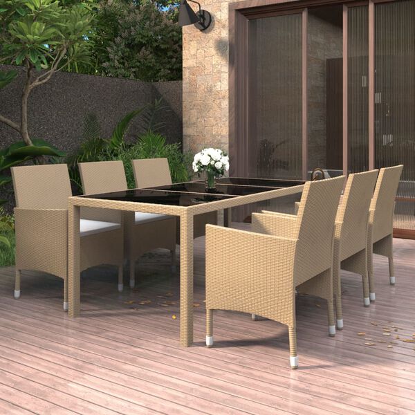 vidaXL Set da Pranzo Giardino 7 pz Polyrattan e Vetro Temperato Beige
