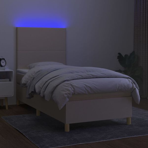 vidaXL Letto a Molle con Materasso e LED Crema 90x200 cm in Tessuto