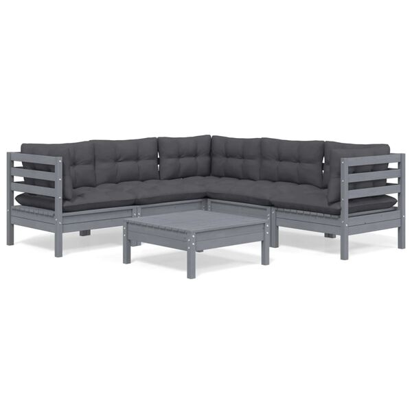 vidaXL Set Divani da Giardino 6 pz con Cuscini Grigi Massello di Pino