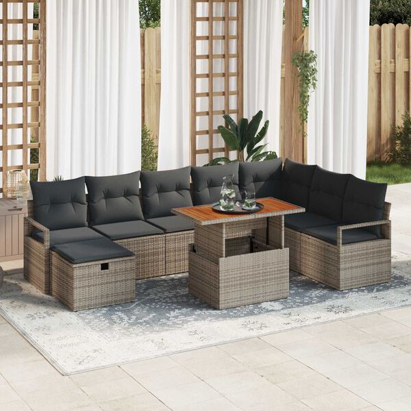 vidaXL Set Divano da Giardino con cuscino 9 pcs Grigio Poly Rattan