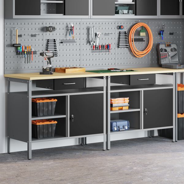 vidaXL Set banco da lavoro 2 pcs Nero e Grigio 200 x 55 x 85 cm