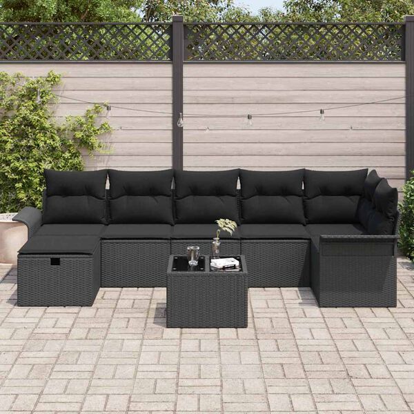 vidaXL Set Divano da Giardino con cuscino 8 pcs Nero polyrattan
