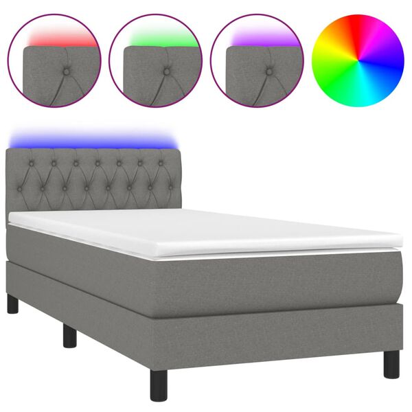 vidaXL Letto a Molle Materasso e LED Grigio Scuro 90x190 cm in Tessuto