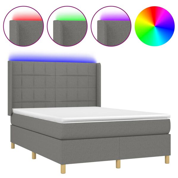 vidaXL Letto a Molle Materasso e LED Grigio Scuro 140x190cm in Tessuto