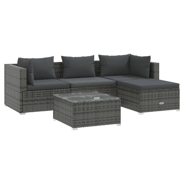 vidaXL Set Divani da Giardino 5 pz con Cuscini in Polyrattan Grigio