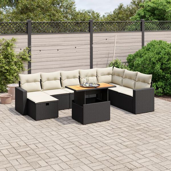 vidaXL Set Divani da Giardino 9 pz con Cuscini Nero in Polyrattan