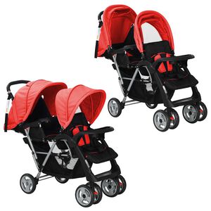 vidaXL Passeggino Gemellare a Tandem in Acciaio Rosso e Nero