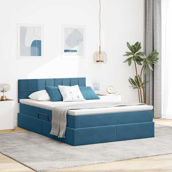 vidaXL Letto con contenitore e LED Blu Scuro 140 x 200 cm Velluto