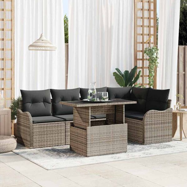 vidaXL Set da pranzo con cuscino 6 pcs Grigio Poly Rattan
